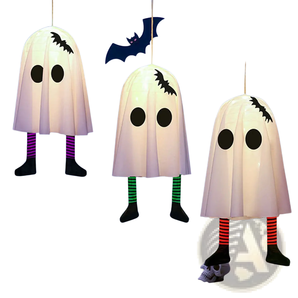 Three glowing white paper ghost lanterns with black bat and eye decals and striped legs for outdoor halloween decoration