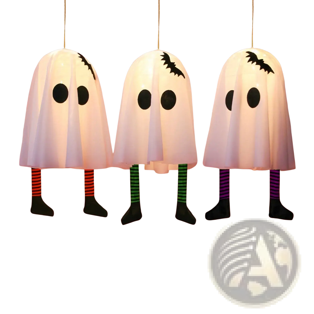 Illuminated hanging ghost halloween outdoor decoration with three white lanterns featuring black eyes and bat decals