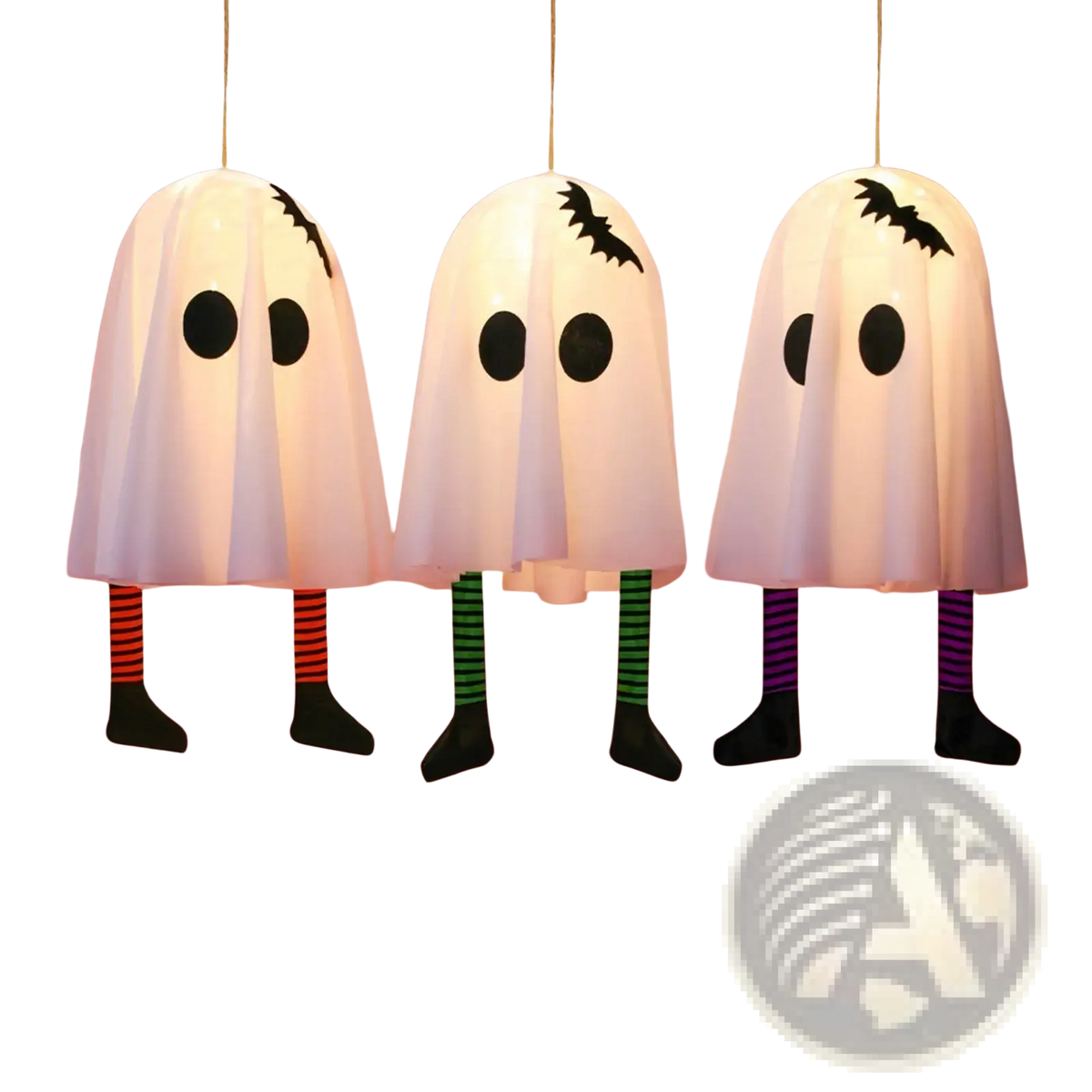 Illuminated hanging ghost halloween outdoor decoration with three white lanterns featuring black eyes and bat decals