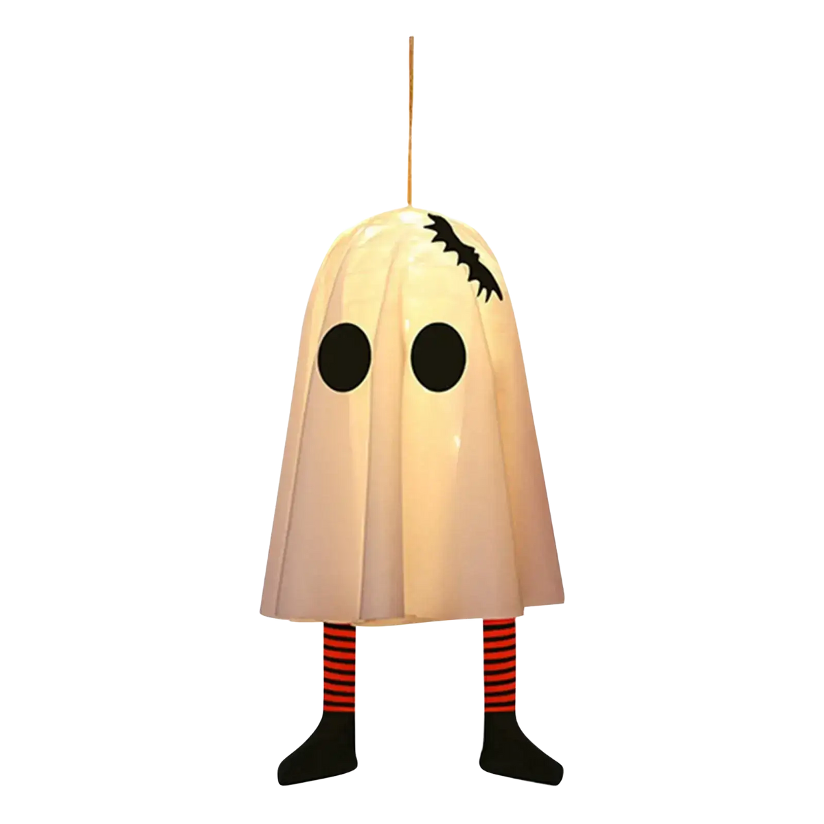 Illuminated hanging ghost halloween outdoor decoration in translucent beige with bat silhouette and striped legs
