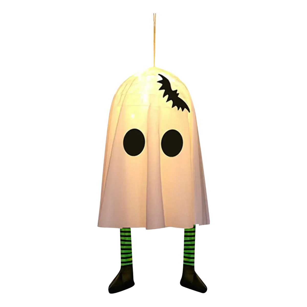 Illuminated hanging ghost halloween outdoor decoration featuring a glowing white ghost with bat and green-striped legs