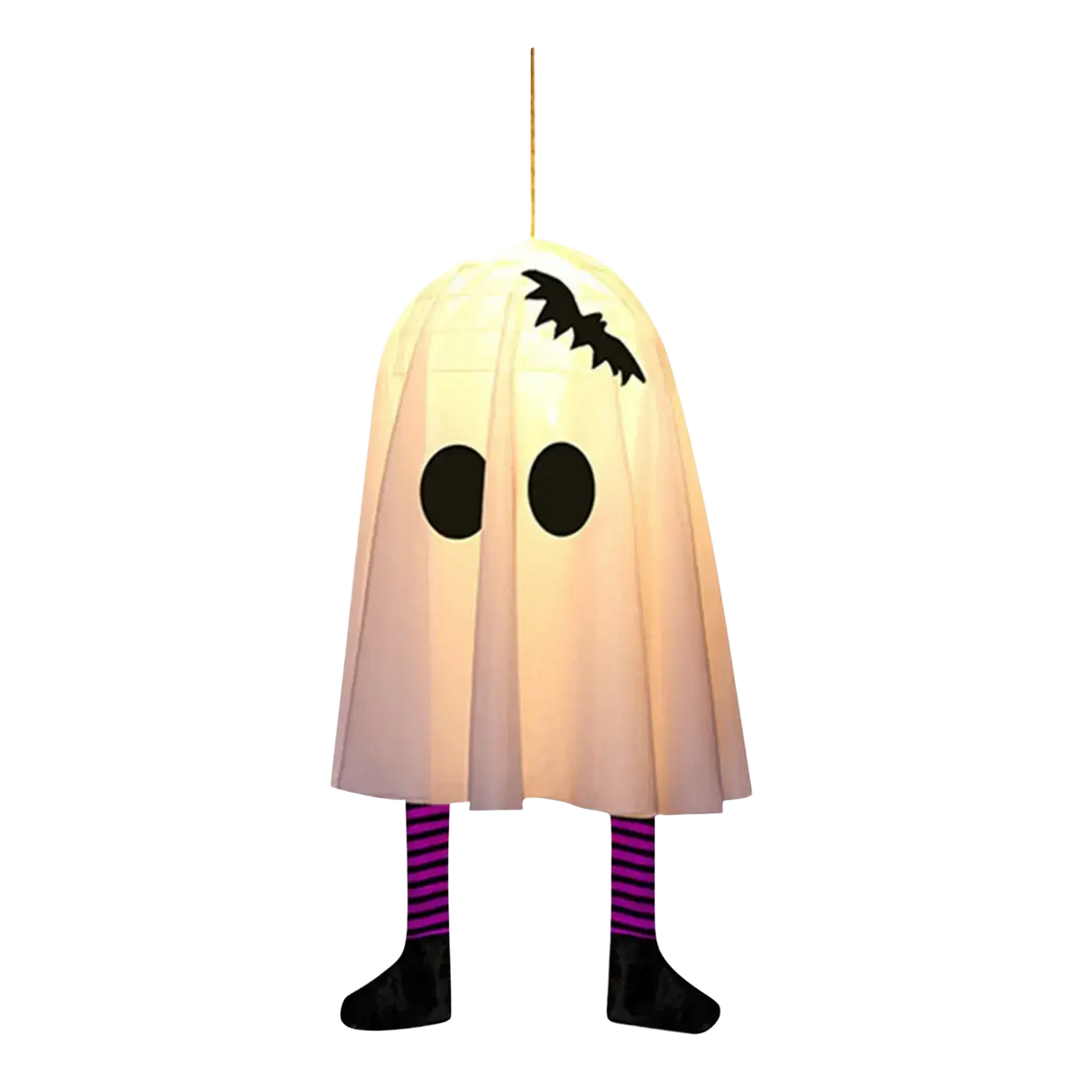Illuminated hanging ghost halloween outdoor decoration glowing white translucent ghost with black eyes and bat silhouette
