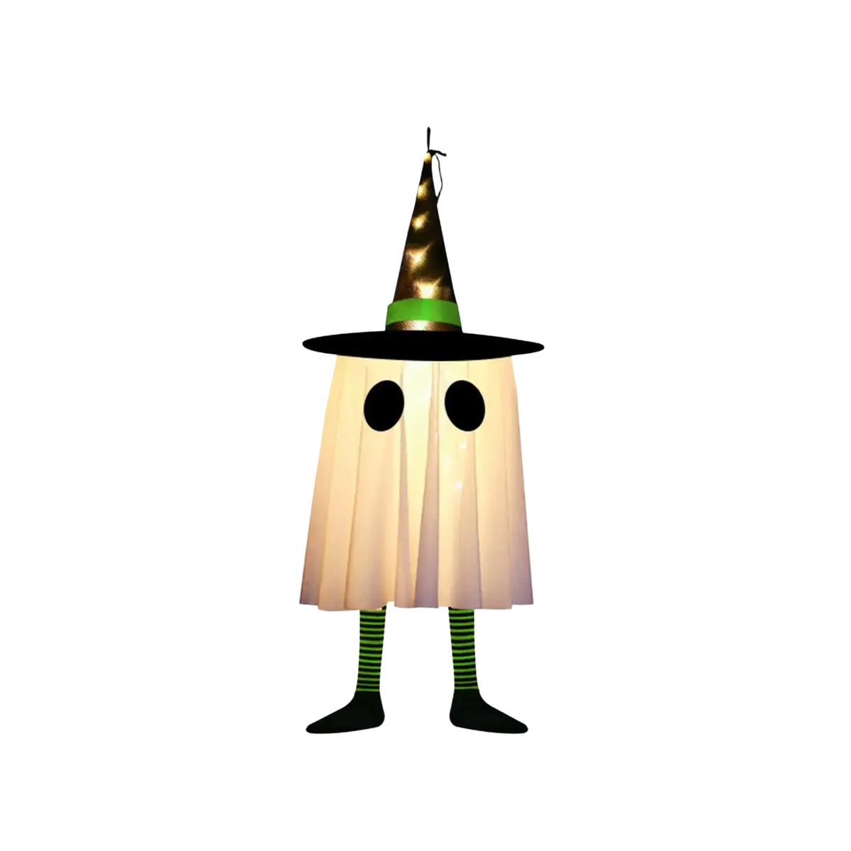 Illuminated hanging ghost halloween outdoor decoration with pleated beige cape, green-striped legs, and gold-accented hat