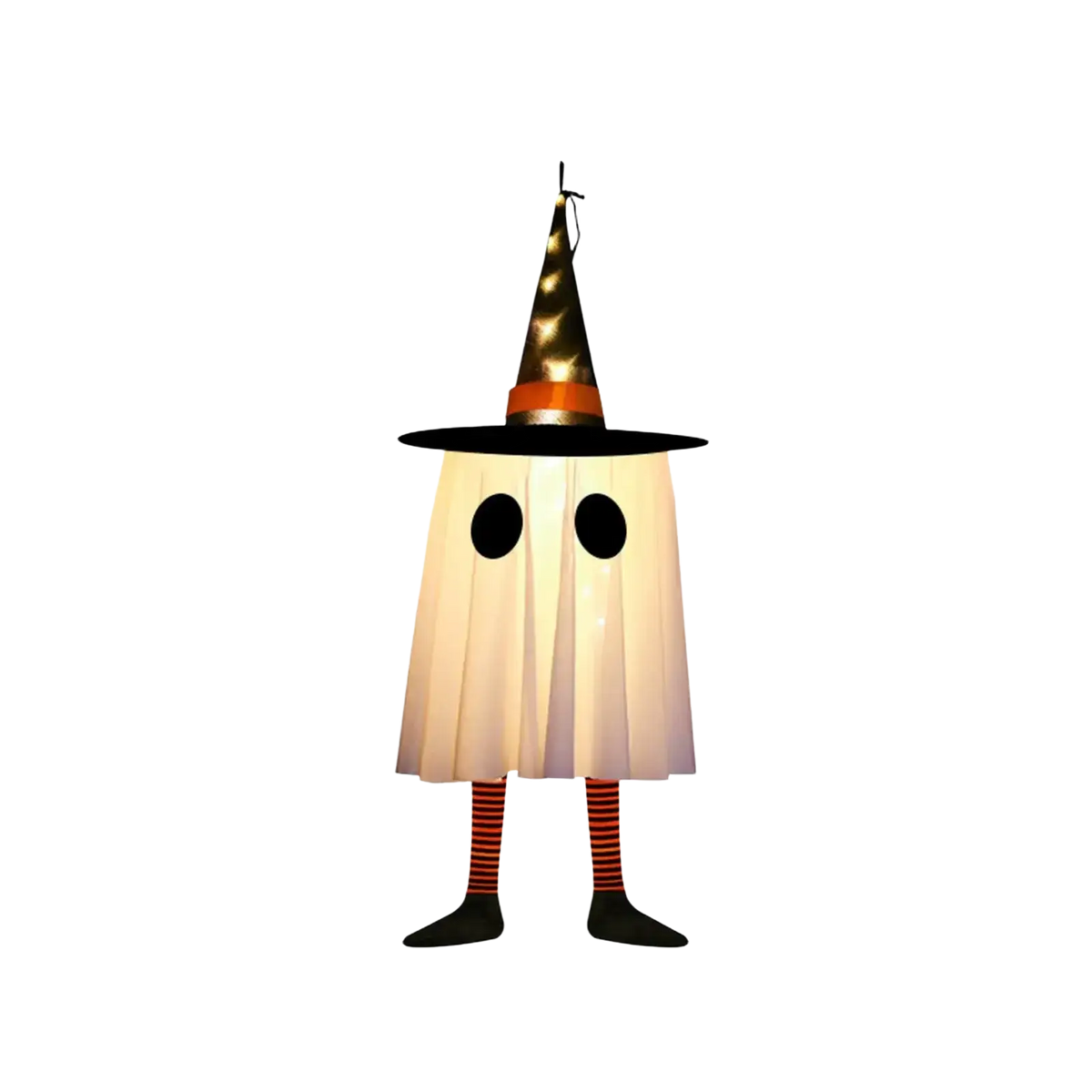 A whimsical illuminated hanging ghost halloween outdoor decoration wearing a tall pointed witch hat with gold orange accents