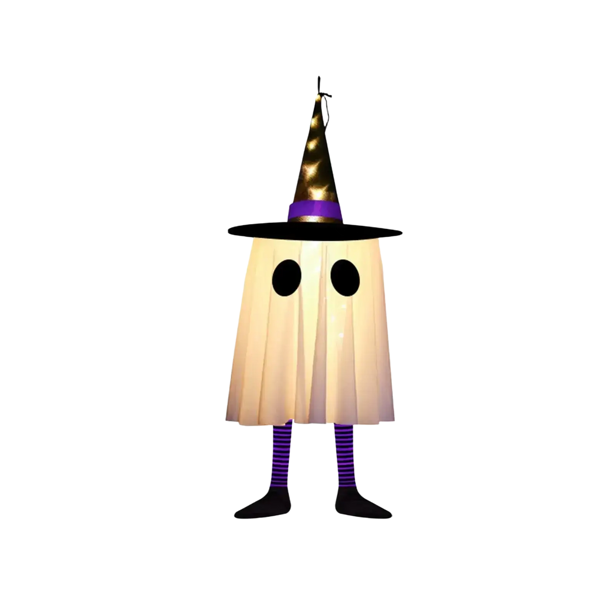 Illuminated hanging ghost halloween outdoor decoration with cream pleated sheet purple striped leggings and gold witch hat