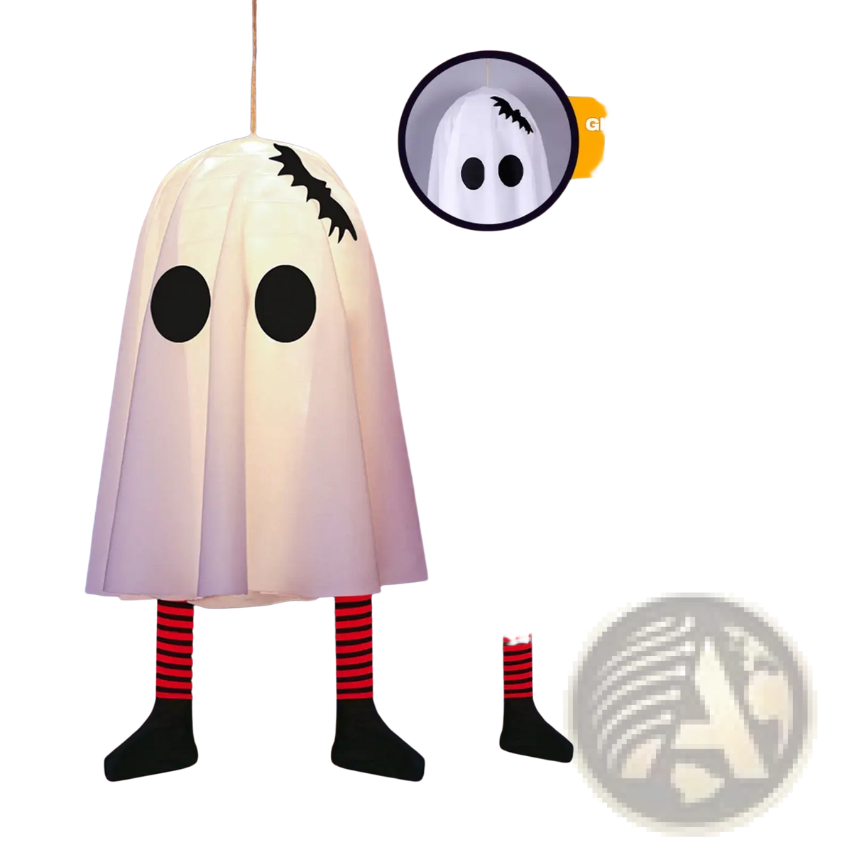 Illuminated hanging ghost Halloween outdoor decoration with white fabric, black eyes, stitched mouth, striped socks, and black shoes