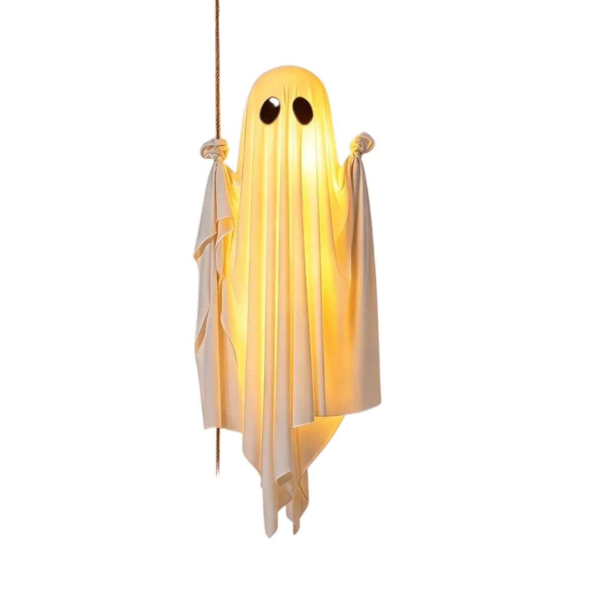 A glowing white swinging ghost decor illuminated with warm yellow light hanging from a swing for outdoor halloween