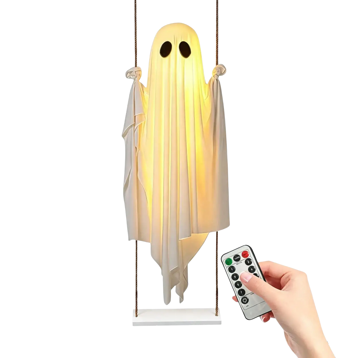 A glowing white swinging ghost decor lamp with translucent flowing fabric and black eye cutouts for outdoor halloween