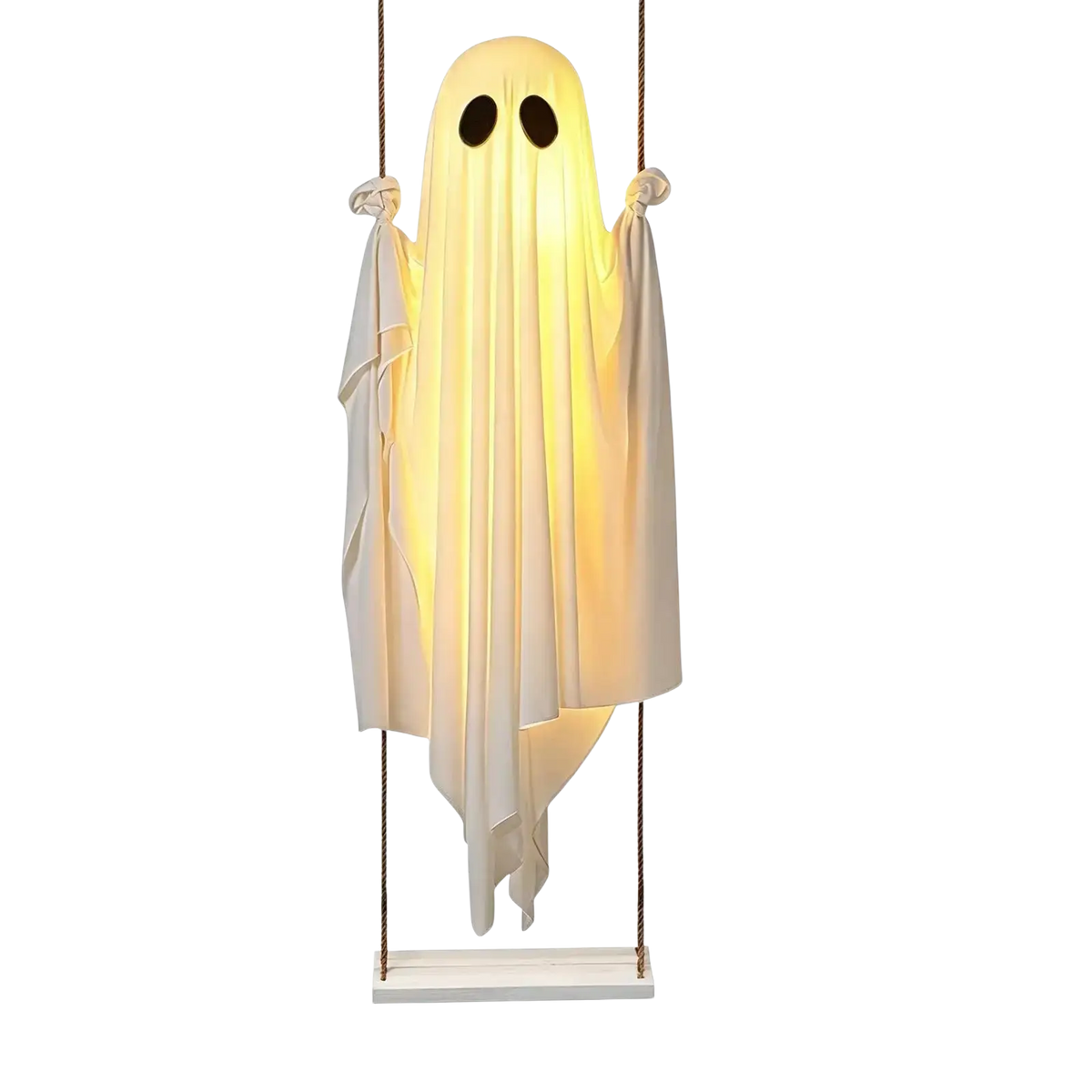 Glowing white swinging ghost decor with black eye cutouts made of fabric hanging from wooden base for outdoor halloween