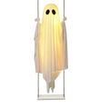 A glowing white swinging ghost decor with flowing translucent fabric and black eyes for outdoor Halloween use
