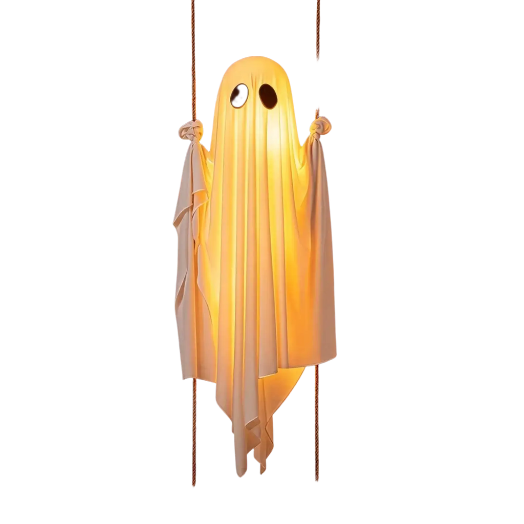Illuminated swinging ghost decor with glowing white fabric texture and warm light for outdoor halloween use