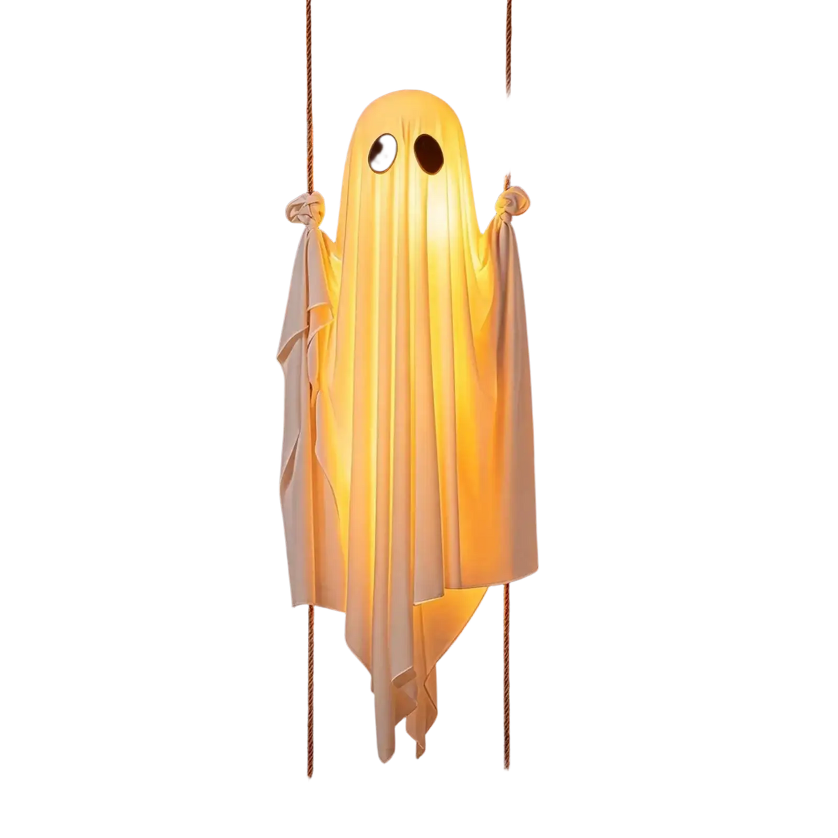 Illuminated swinging ghost decor with glowing white fabric texture and warm light for outdoor halloween use