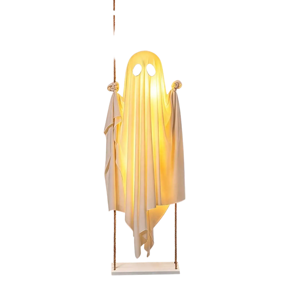 A glowing white swinging ghost decor illuminated with warm yellow light hanging from a tree for outdoor halloween