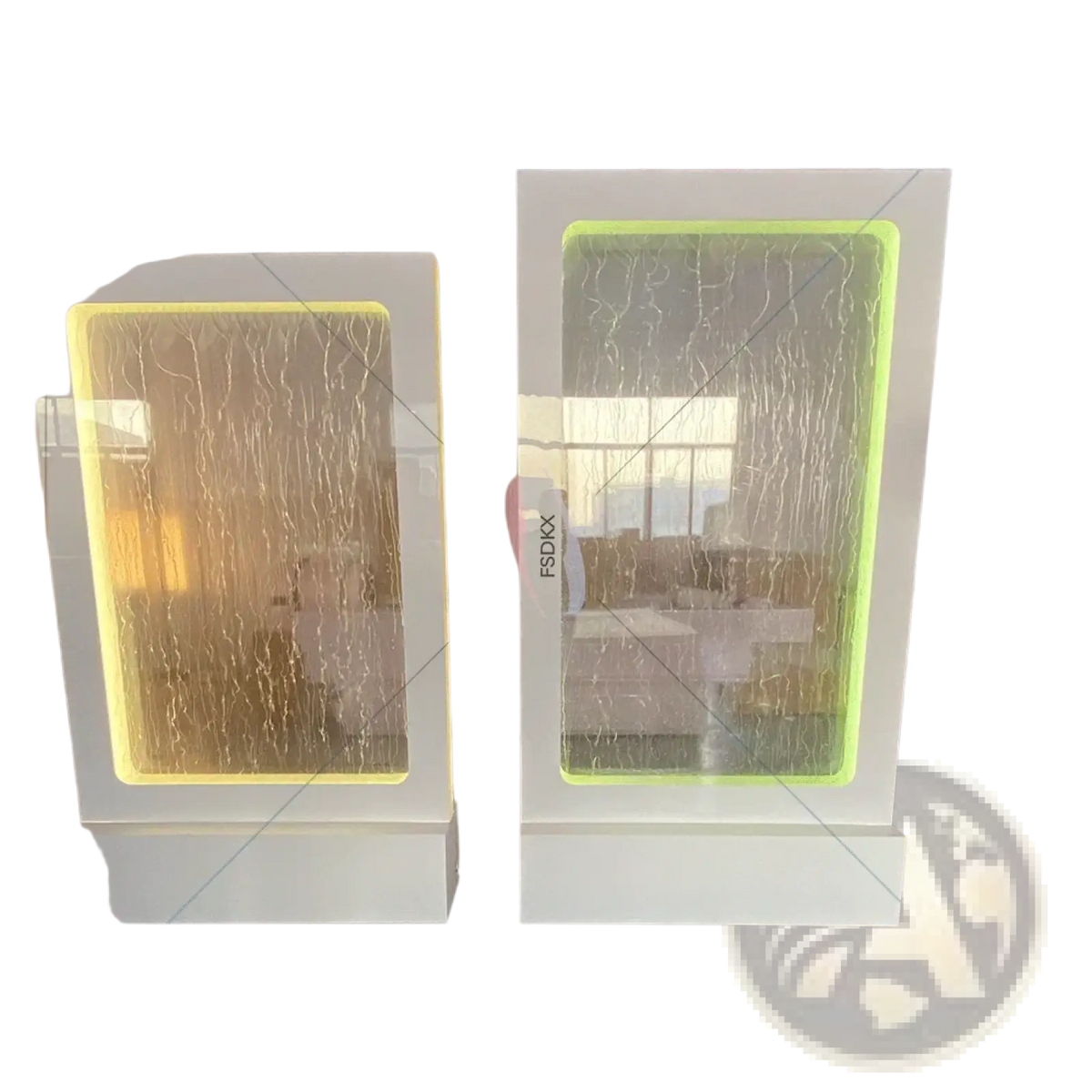 Two modern white-framed illuminated wedding water fountain backdrop panels with glowing yellow backlight and cascading water streams