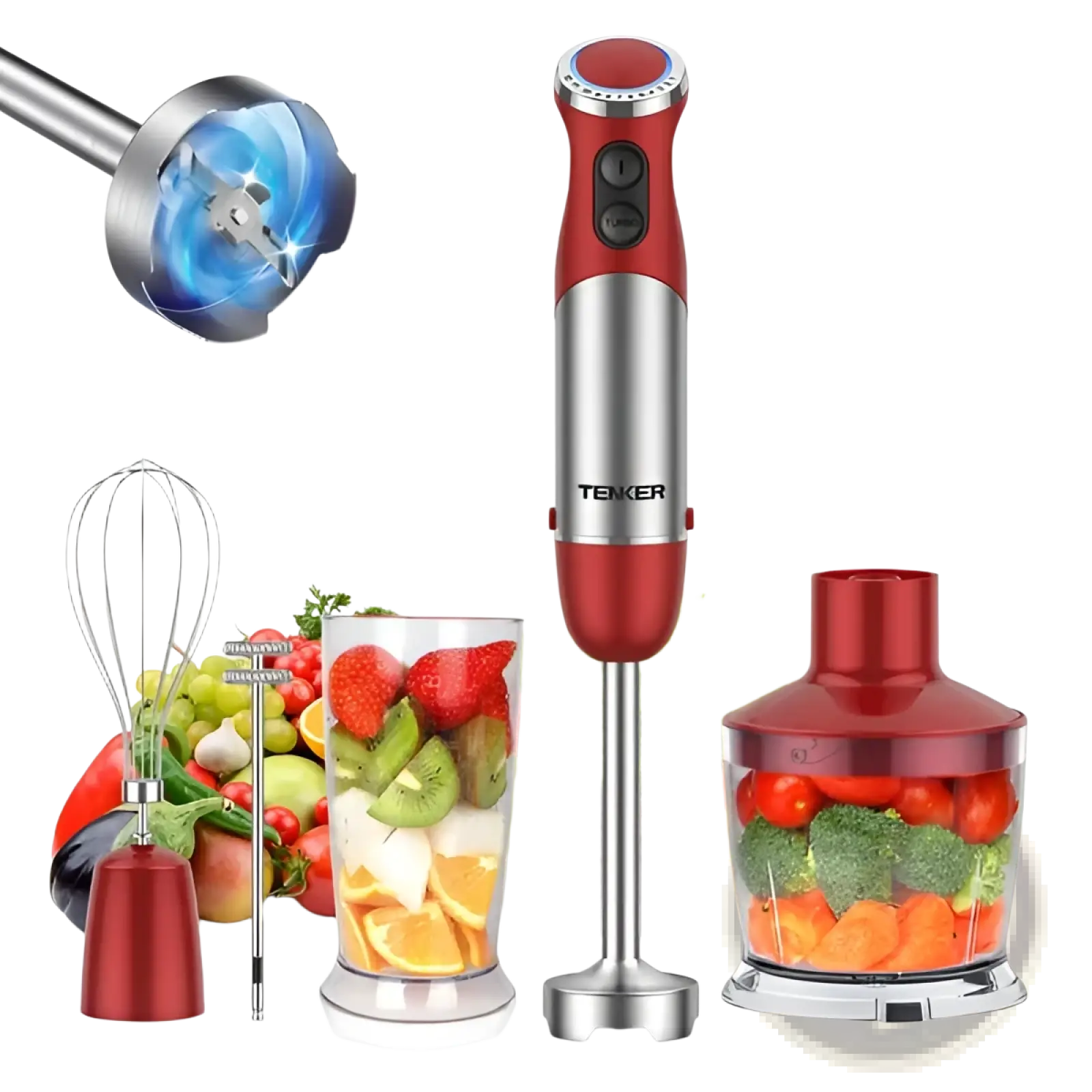 Red and silver tenker immersion blender 1000w 5-in-1 handheld set with detachable whisk attachment for versatile mixing