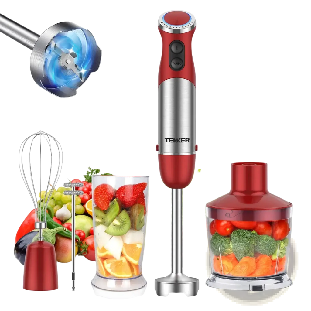 Red and silver teker immersion blender 1000w 5-in-1 handheld set with sleek ergonomic design for versatile blending tasks