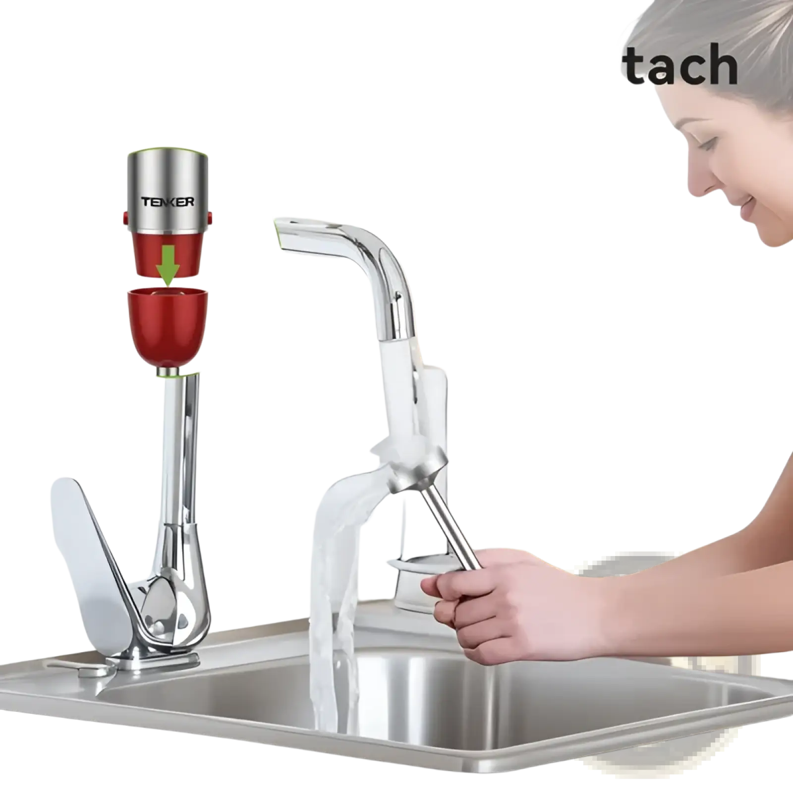 Red and silver tener brand detachable faucet-mounted water filter shown with immersion blender 1000w 5-in-1 handheld set red