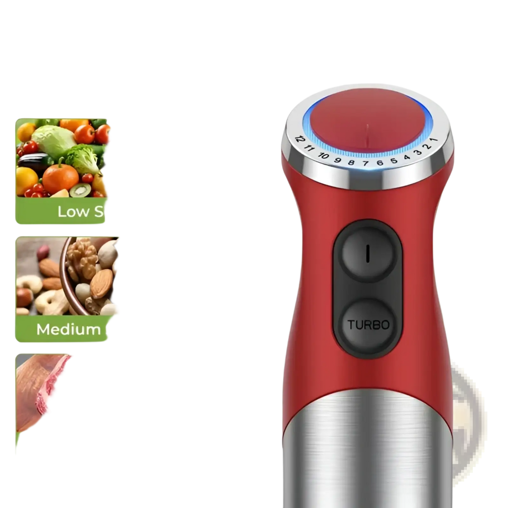 Red and silver 1000w immersion blender handheld set with 12-speed control dial for versatile kitchen use