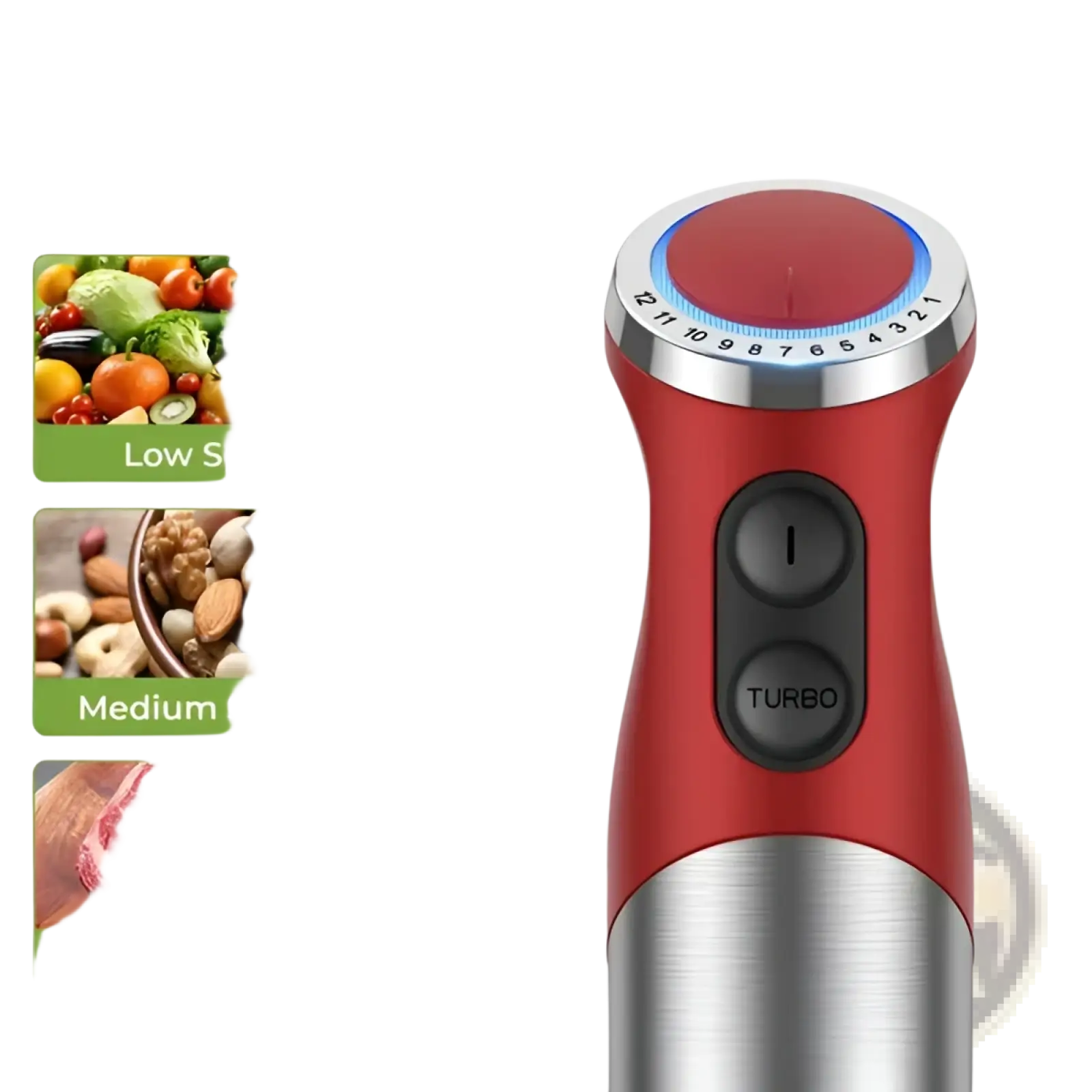 Red and silver 1000w immersion blender handheld set with 12-speed control dial for versatile kitchen use