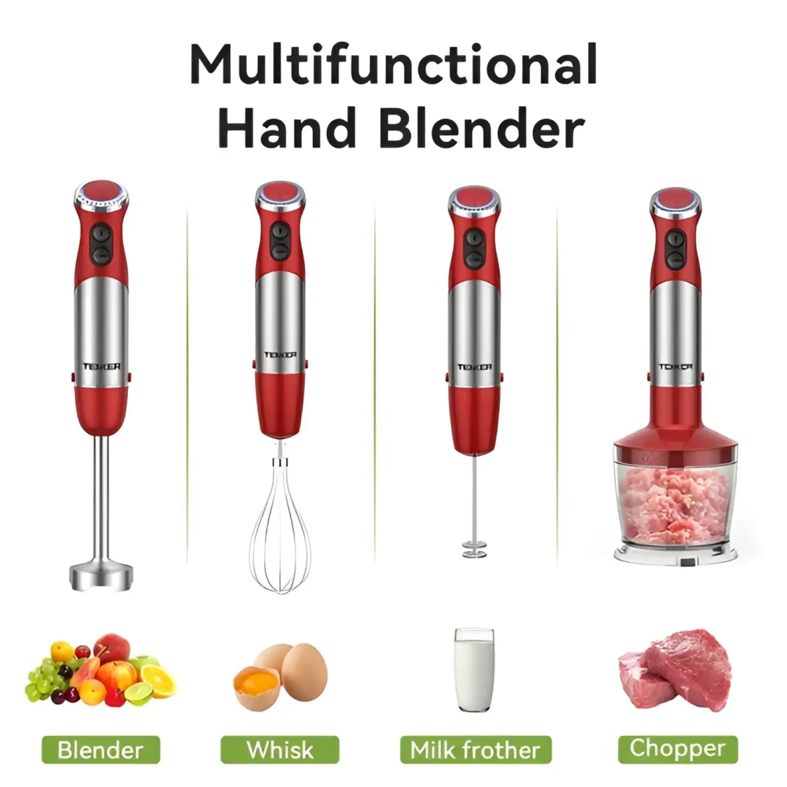 Red and silver tener multifunctional immersion blender 1000w with 5 interchangeable attachments handheld set