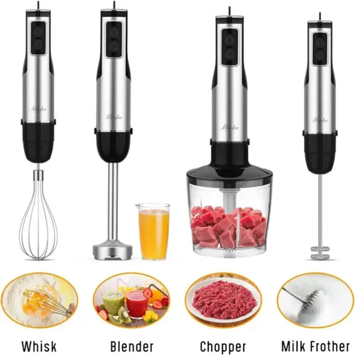 Silver and black 1100w 5-in-1 hand immersion blender set with interchangeable attachments for whisking blending chopping frothing