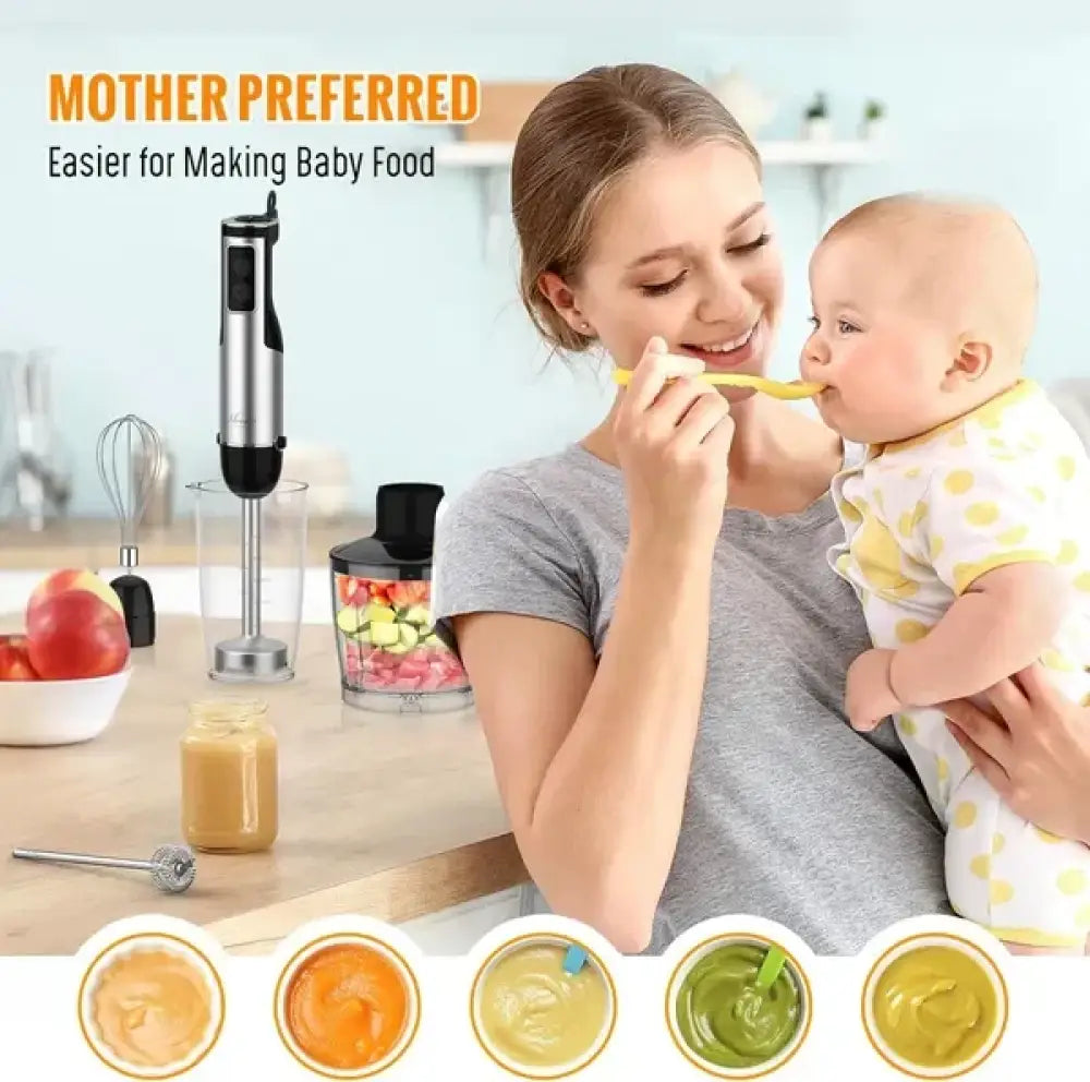 Silver and black 1100w 5-in-1 hand immersion blender with digital display for versatile food processing tasks