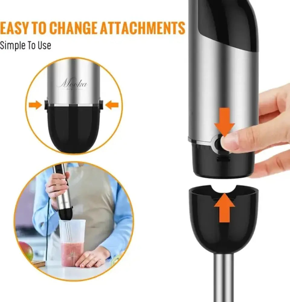 Black and silver moka 1100w 5-in-1 hand immersion blender with detachable attachments for versatile food processing
