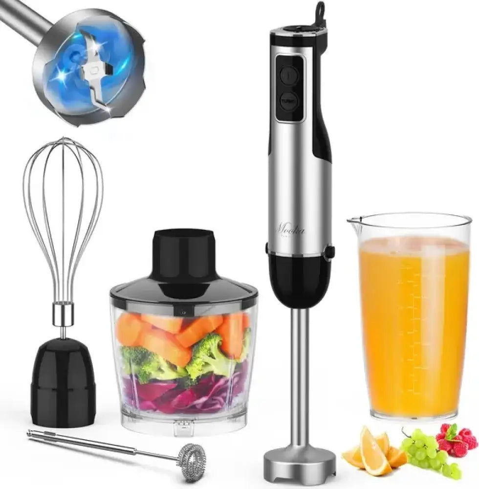 Silver and black 1100w 5-in-1 hand immersion blender with sleek modern design for versatile food processing tasks