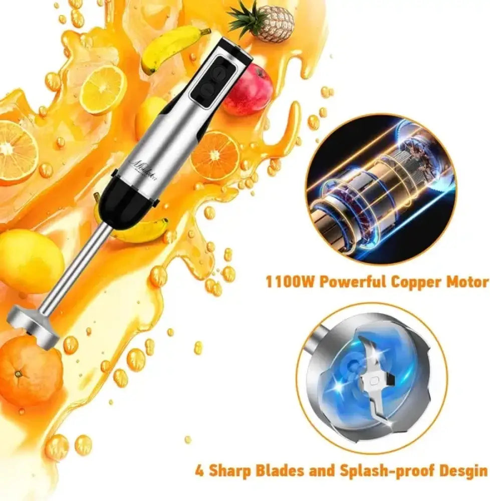 1100w 5-in-1 hand immersion blender and food processor set with silver and black body copper motor and four sharp blades