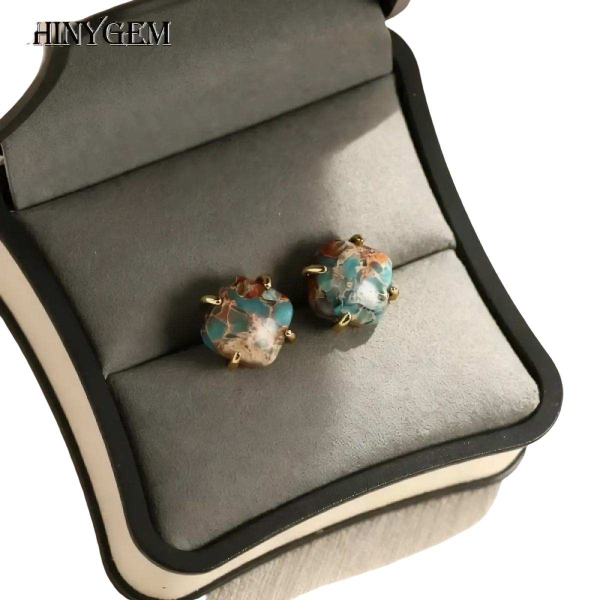 A pair of imperial jasper gold square stud earrings with turquoise and gold-toned marbled organic stones