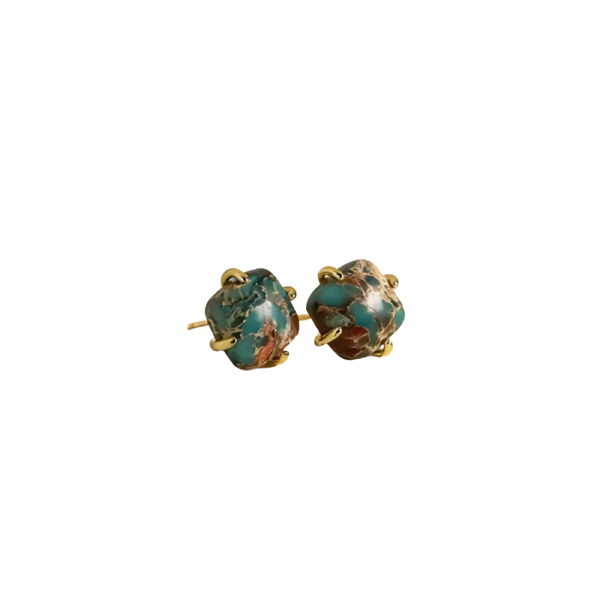 Imperial jasper gold square stud earrings featuring shinygem turquoise stones in gold-tone metal settings