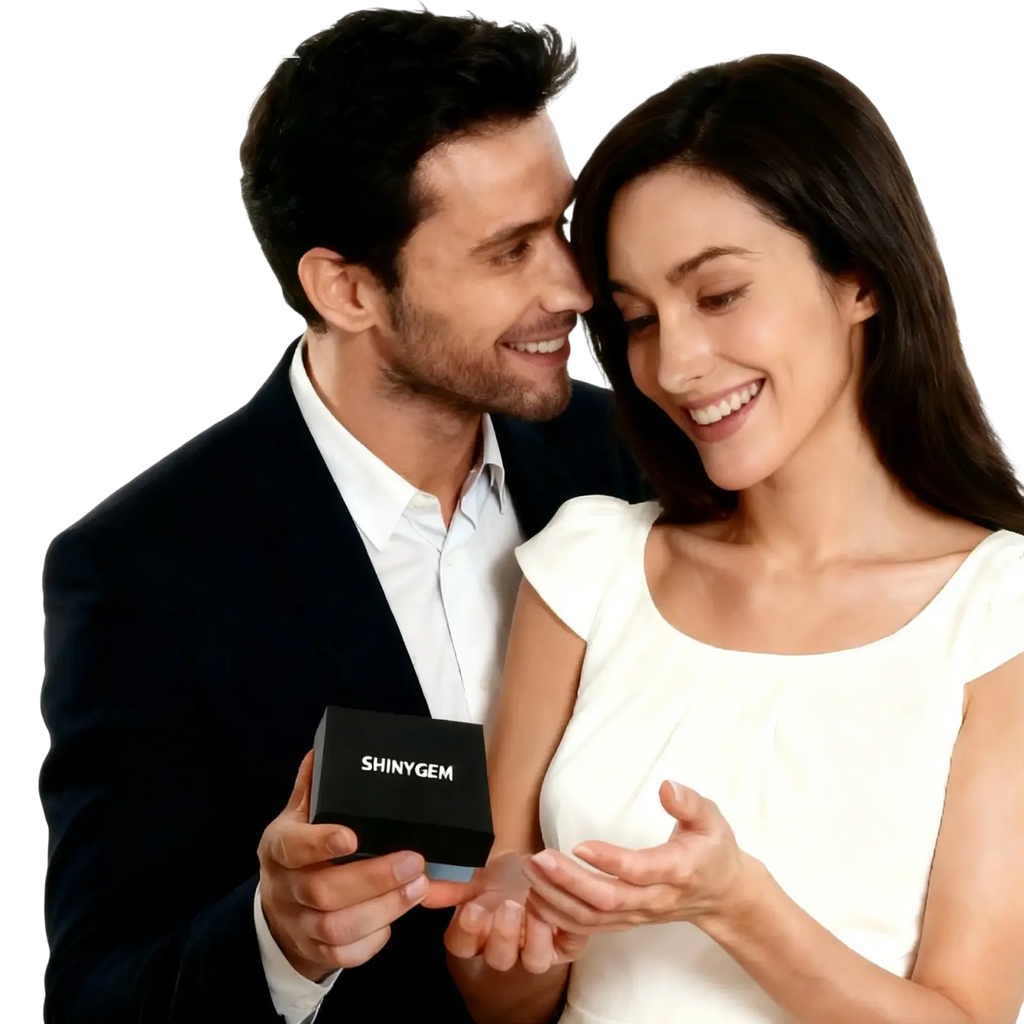 Black shinygem gift box containing imperial jasper gold square stud earrings displayed for luxury gifting