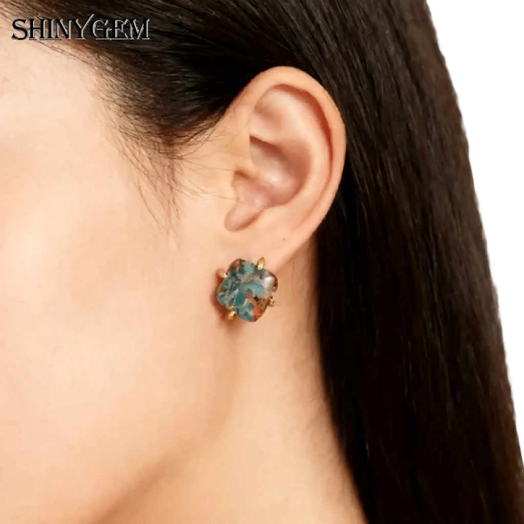 Imperial Jasper gold square stud earring with a delicate translucent blue green stone in a gold toned frame
