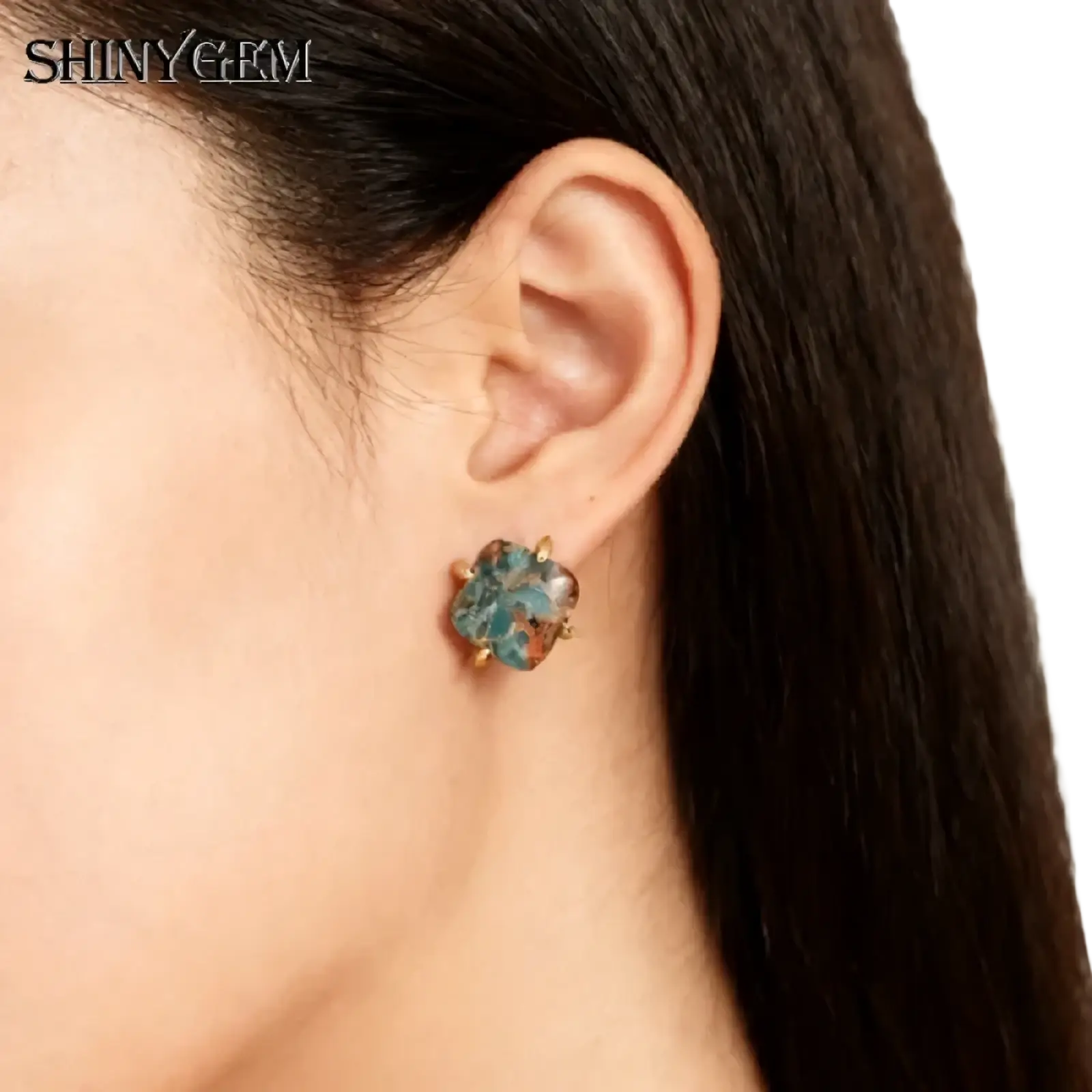 Imperial Jasper gold square stud earring with a delicate translucent blue green stone in a gold toned frame