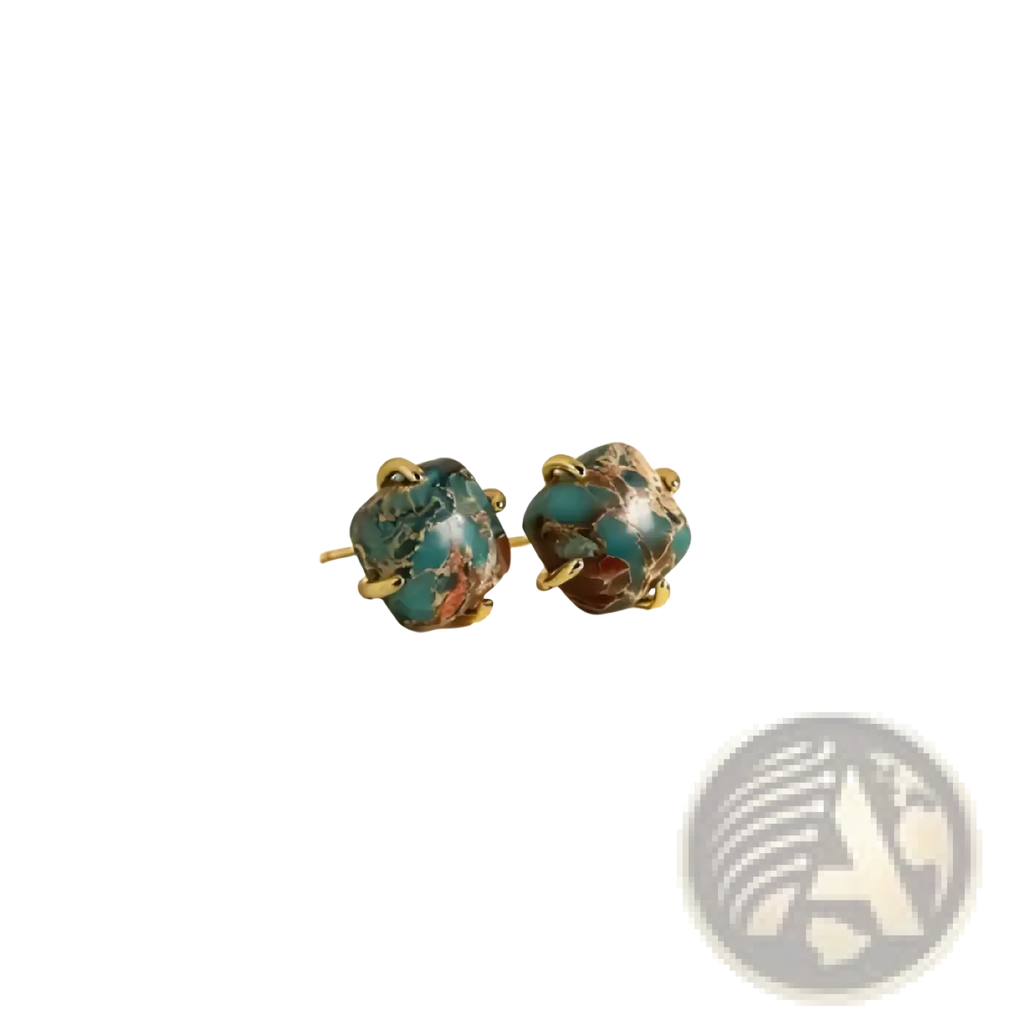Imperial jasper gold square stud earrings featuring shinygem turquoise stones in gold-tone metal settings