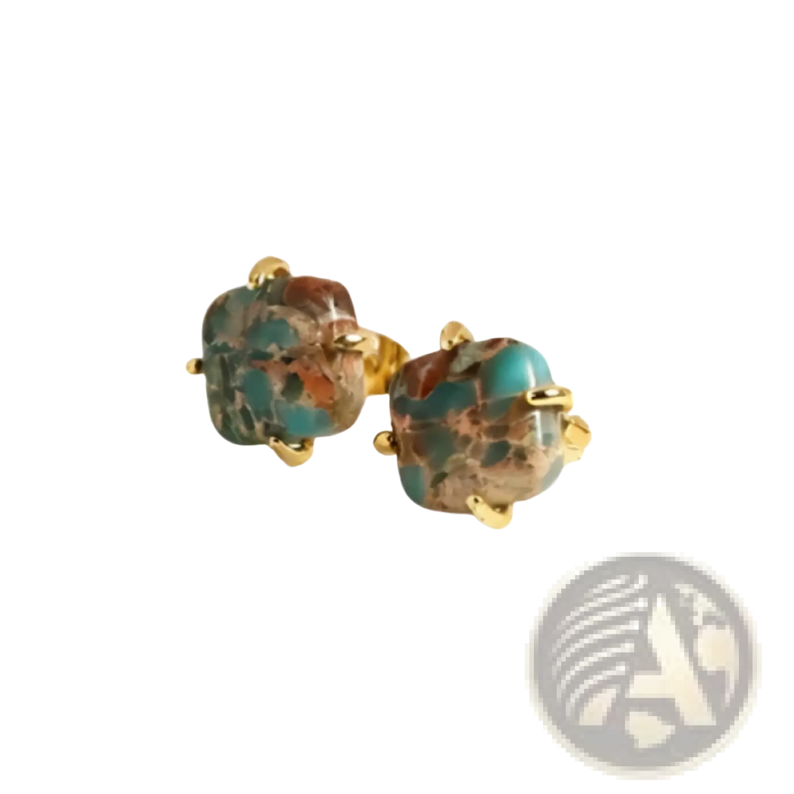 Imperial Jasper gold square stud earrings with gold-toned metal and square-cut turquoise and brown gemstones