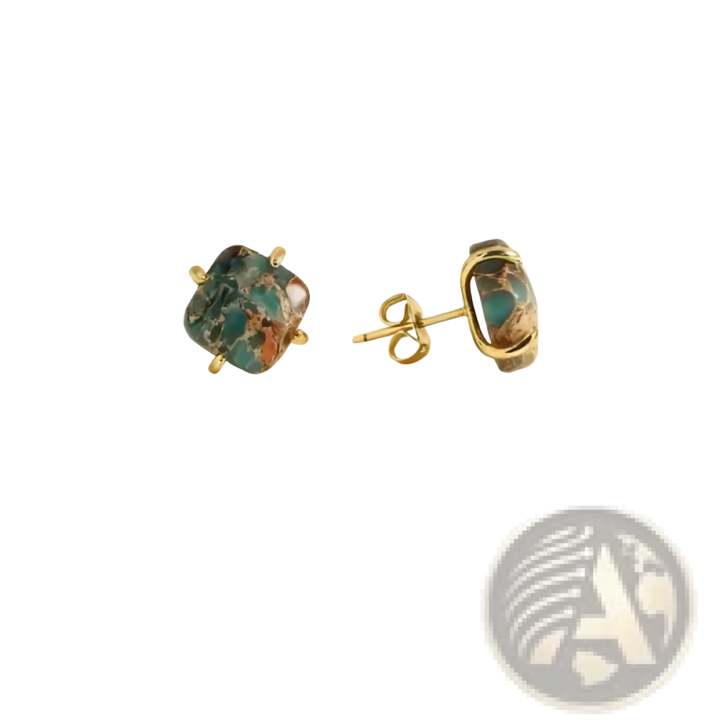 Imperial Jasper gold square stud earrings featuring gold-toned bezel set turquoise and copper-colored stones