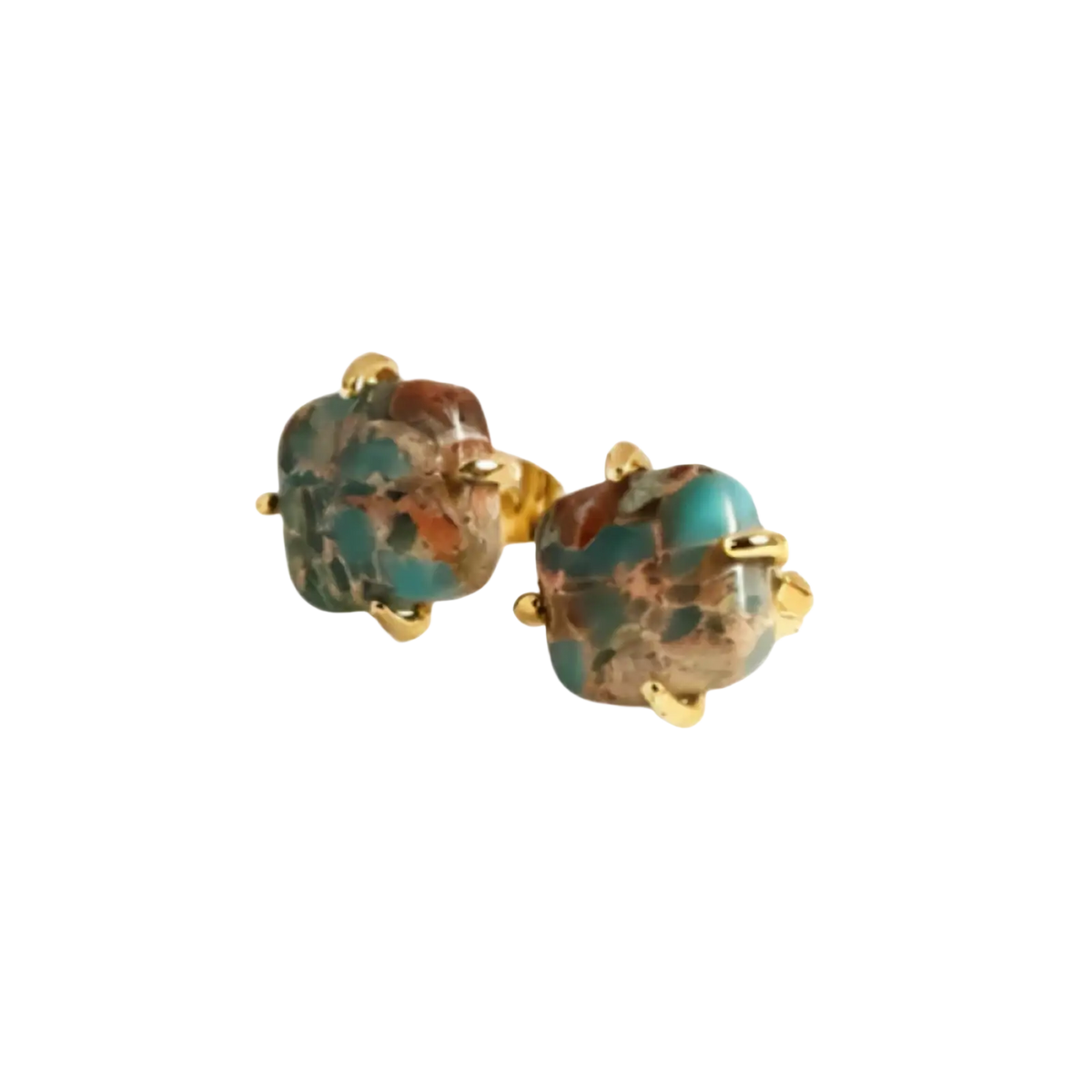 Imperial Jasper gold square stud earrings with gold-toned metal and square-cut turquoise and brown gemstones