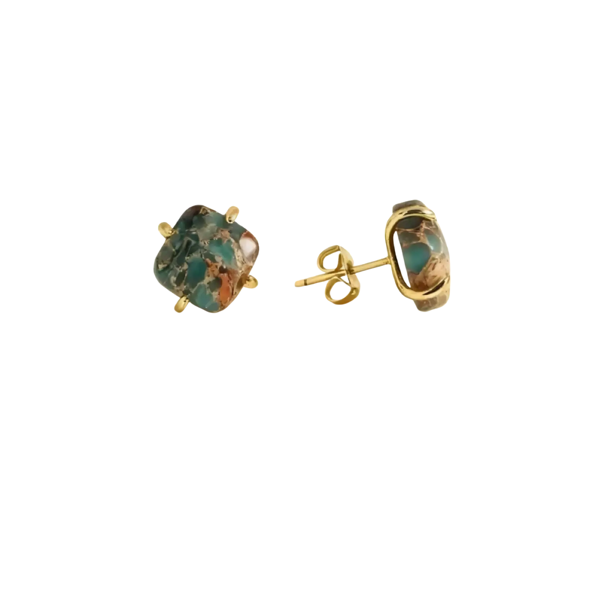 Imperial Jasper gold square stud earrings featuring gold-toned bezel set turquoise and copper-colored stones