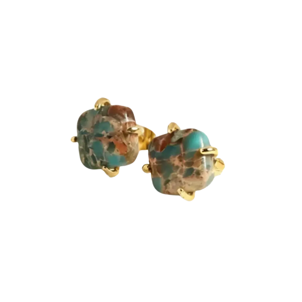 Imperial Jasper gold square stud earrings with gold tone prong set turquoise and brown stone cabochons