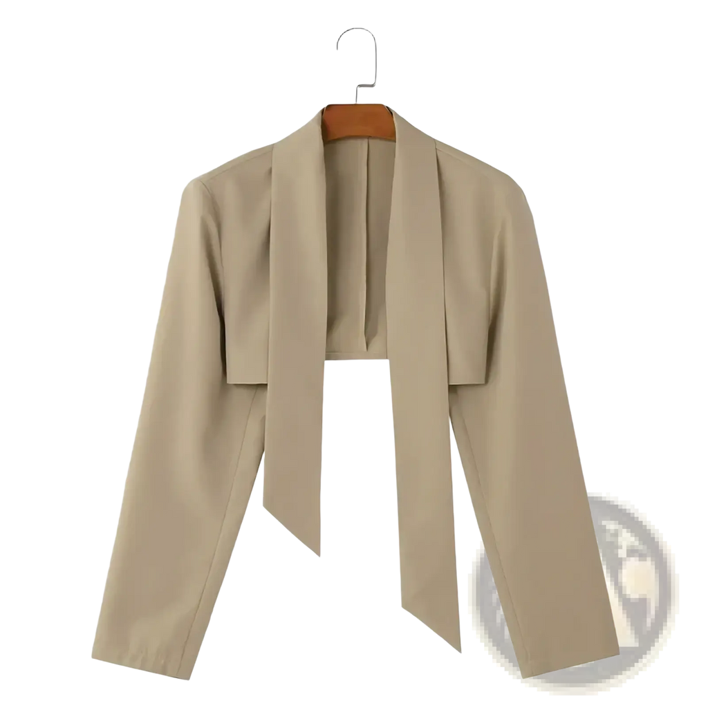 Incerun men casual beige cropped blazer with long sleeves and draped front panel hanging on wooden hanger