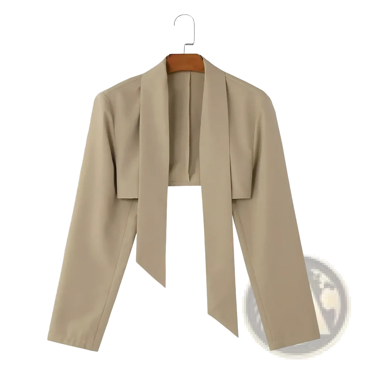 Incerun men casual beige cropped blazer with long sleeves and draped front panel hanging on wooden hanger