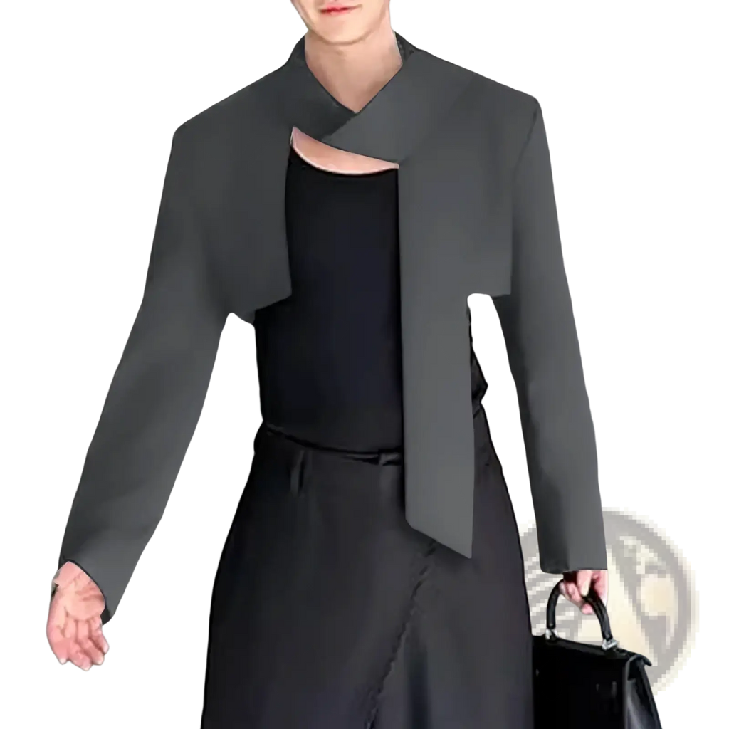 Black Incerun men casual cropped blazer with asymmetrical cutout and structured shoulders for streetwear use