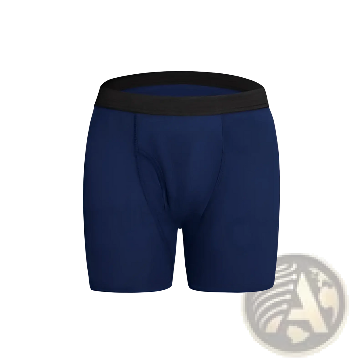 Navy blue absorbent athletic boxer underwear with black elastic waistband designed for incontinence protection