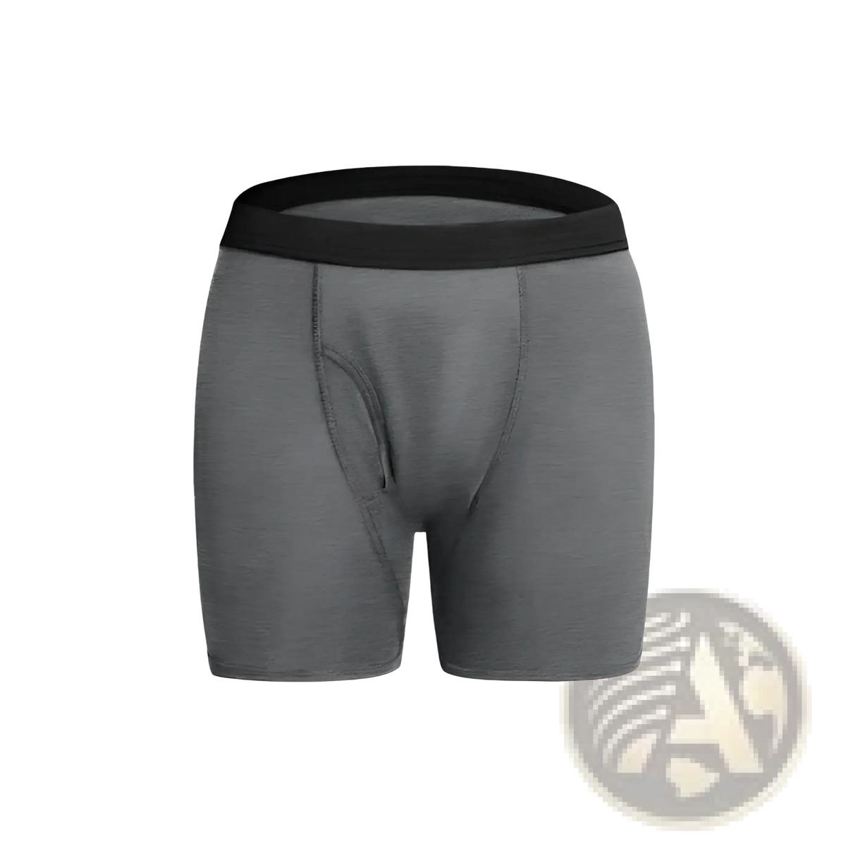 Gray absorbent athletic boxer underwear with black elastic waistband designed for incontinence protection
