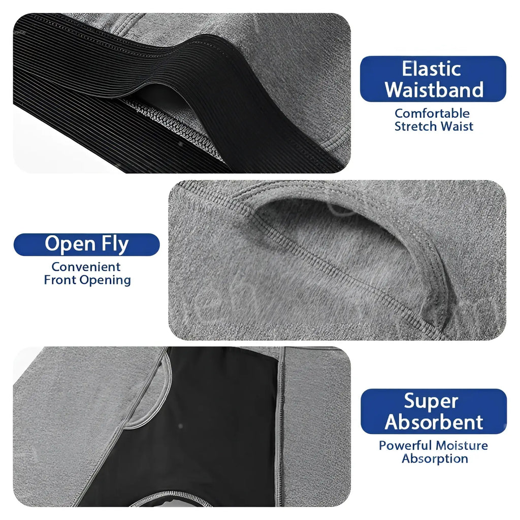 Gray and black absorbent athletic boxer underwear with elastic waistband and open fly front for incontinence protection