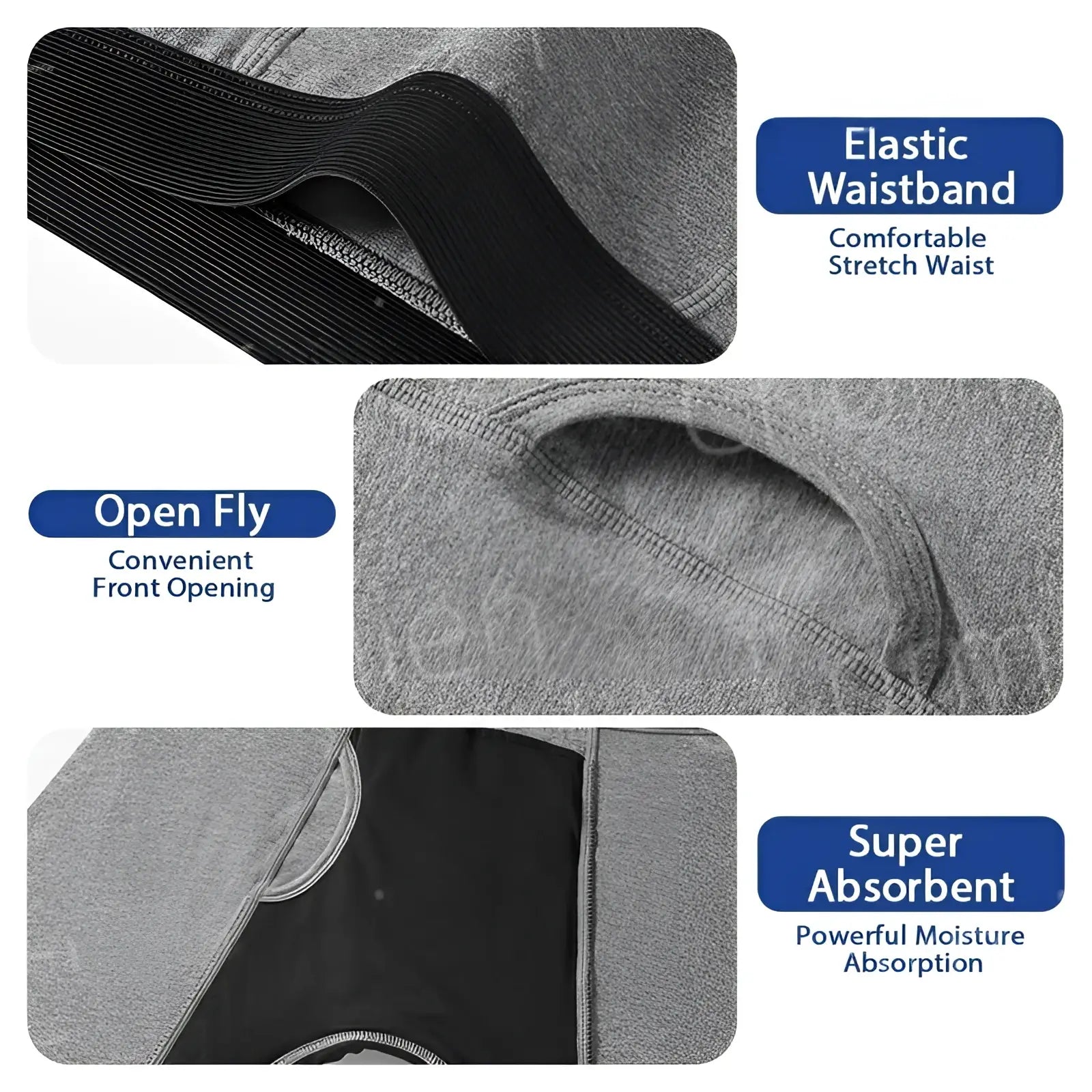 Gray and black absorbent athletic boxer underwear with elastic waistband and open fly front for incontinence protection
