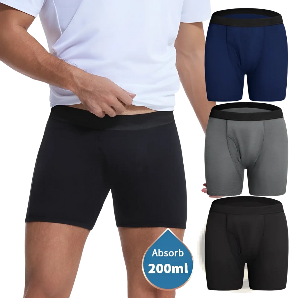 Black men’s absorbent athletic boxer briefs with black waistband shown with navy and gray incontinence briefs