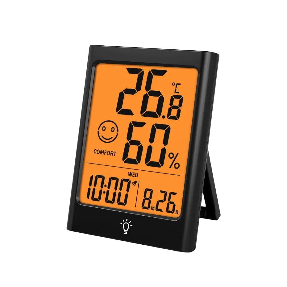 Black indoor digital temperature humidity meter with orange display showing temperature humidity time and date