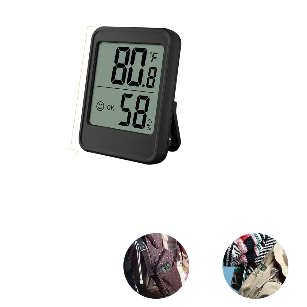 Black rectangular indoor digital temperature humidity meter with stand displaying 80.8°f and 58% rh with smile icon